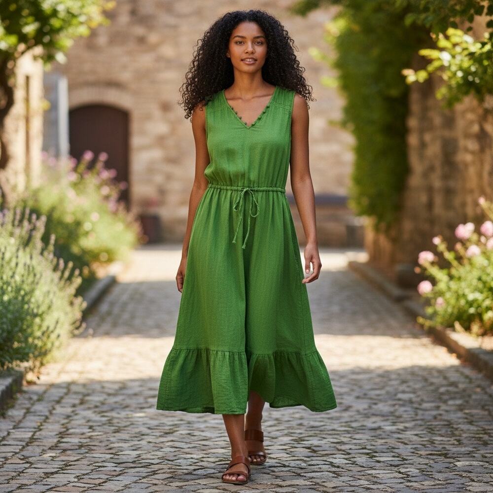 Gauze Time & Tru Pockets Drawstring Green Summer Boho Dress Sz 4-6 Sm - Picture 1 of 5